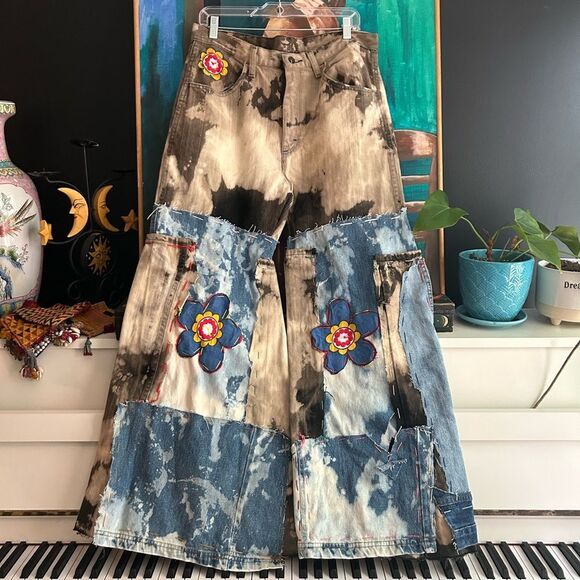 Upcycled Frayed Patchwork Jeans – 34" Waist Handmade Streetwear Pants Wide Leg - Picture 1 of 16